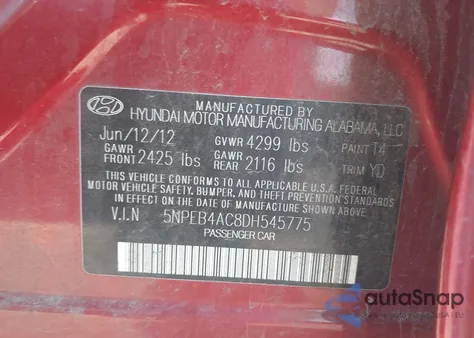 2013 Hyundai Sonata Gls from USA, damaged, VIN 5NPEB4AC8DH545775